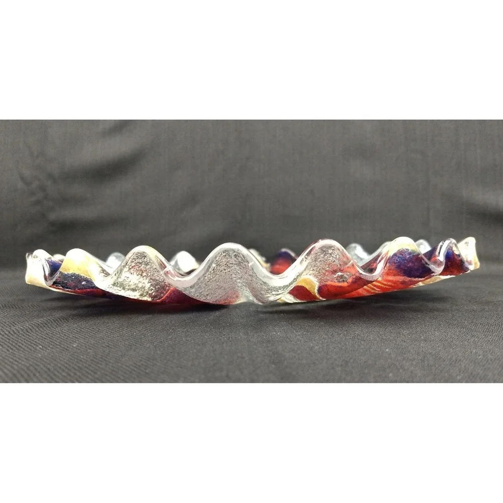 Sydenstricker Art Glass Ruffled Plate Elephant Ear Orchid Purple Red Wavy Signed
